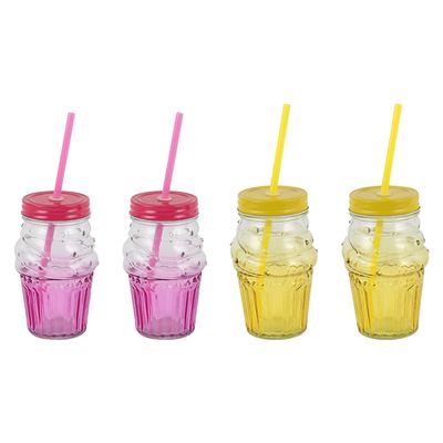 Danube Essential 4-Piece Colored Glass Mason Jar Set W/Metal Lid,Straw 490 Ml