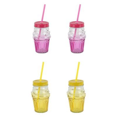 Danube Essential 4-Piece Colored Glass Mason Jar Set W/Metal Lid,Straw 490 Ml