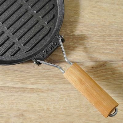 Rosette Cast Iron Grill Pan with Wooden Handle - 23 cm (Dia.)