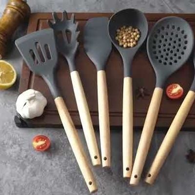 Essential 7-Piece Utensils Set Grey ,Wooden