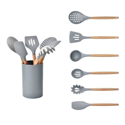 Essential 7-Piece Utensils Set Grey ,Wooden