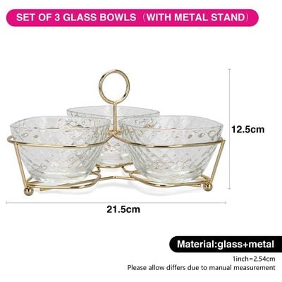 Fissman Pristine Clear-Glass Bowl with Metal Stand - Set of 3