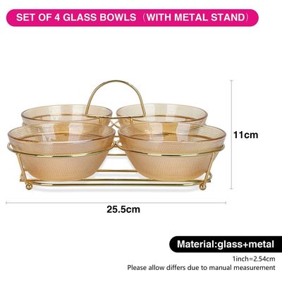 Fissman Pristine Glass Bowl with Metal Stand - Set of 4