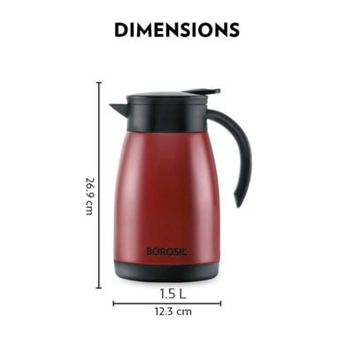 Borosil Vacuum Stainless Steel Teapot - Red - 1500 ml