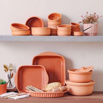 Terracotta Oven Non-Glazed Casserole with Lid - Brown - 24x12 cm