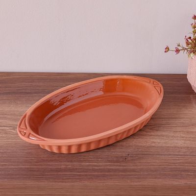 Terracotta Oval Inner-Glazed Oven Tray - Brown - 28x15x4.5 cm