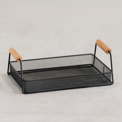 Atticus Iron Serving Tray With Wooden Handle Black 31 X 19.5 X 11 Cm