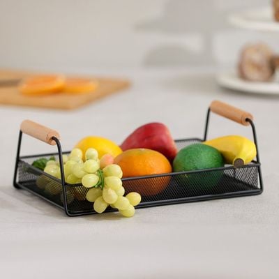 Atticus Iron Serving Tray With Wooden Handle Black 31 X 19.5 X 11 Cm