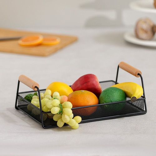 Atticus Iron Serving Tray With Wooden Handle Black 31 X 19.5 X 11 Cm