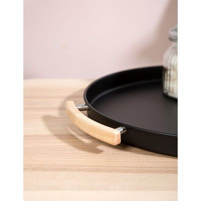 Atticus Iron Serving Tray With Wooden Handle Black 37 X 37 X 3 Cm