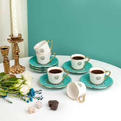 Otantik Zuwar Luxury Turkish Coffee Cup Set-Contains 6 Coffee Cup And 6 Saucers 80Cc Blue