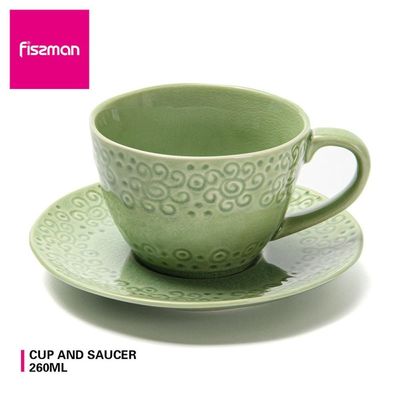 Fissman Cup 260 Ml With Saucer -Green Crackle