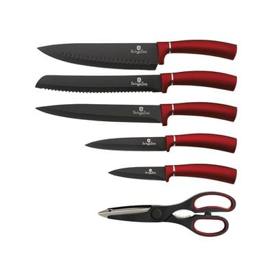 Berlingerhaus 7 Piece Knife Set With Stainless Steel Stand, Burgundy