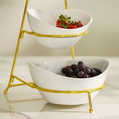 Pristine 3-Pc Ceramic Serving Bowl with Stand - White/Gold - 23x18x24.5 cm
