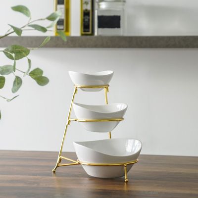 Pristine 3-Pc Ceramic Serving Bowl with Stand - White/Gold - 23x18x24.5 cm