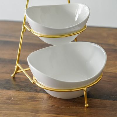 Pristine 3-Pc Ceramic Serving Bowl with Stand - White/Gold - 23x18x24.5 cm