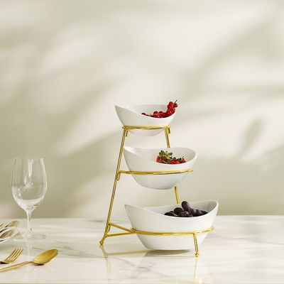 Pristine 3-Pc Ceramic Serving Bowl with Stand - White/Gold - 23x18x24.5 cm