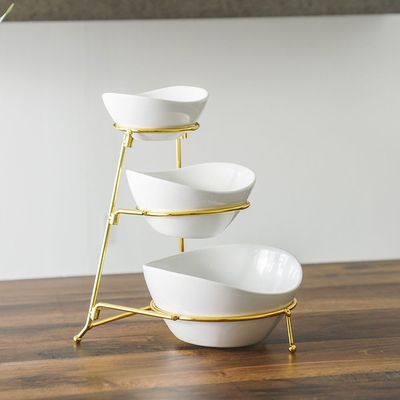 Pristine 3-Pc Ceramic Serving Bowl with Stand - White/Gold - 23x18x24.5 cm