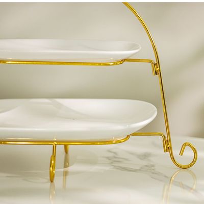 Pristine 2-Piece Ceramic Serving Plate with Stand White,Gold 33X25X3.6CM