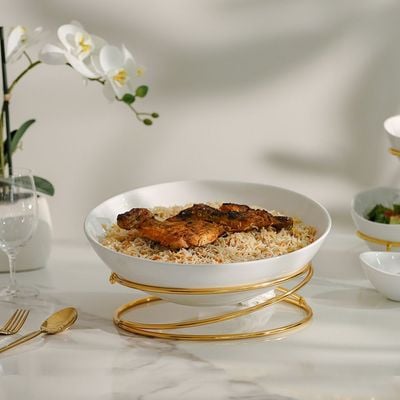 Pristine Serving Ceramic Bowl with Stand White,Gold 31.5×31.5×9CM