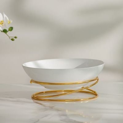 Pristine Serving Ceramic Bowl with Stand White,Gold 31.5×31.5×9CM