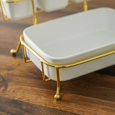 Pristine 4-Pc Ceramic Serving Bowl with Stand - White/Gold - 24.5x16.5x6.5 cm