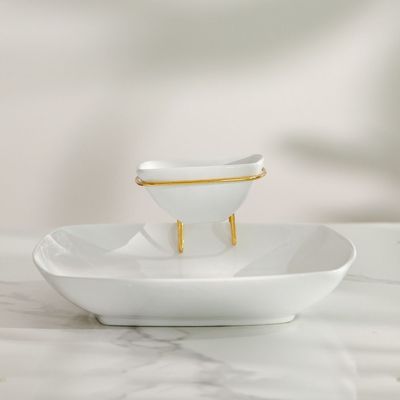 Pristine 2-Pc Ceramic Serving Bowl with Stand - White/Gold - 33.5x33.5x6 cm