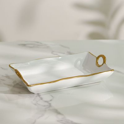 Pristine Ceramic Serving Platter White,Gold 36.5X22X7.5CM