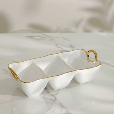 Pristine Ceramic 3-Section Serving Platter White,Gold 40.5X19X11.5CM