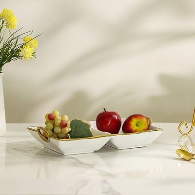 Pristine Ceramic 2-Section Serving Platter - White/Gold - 36.5x22x7.5 cm