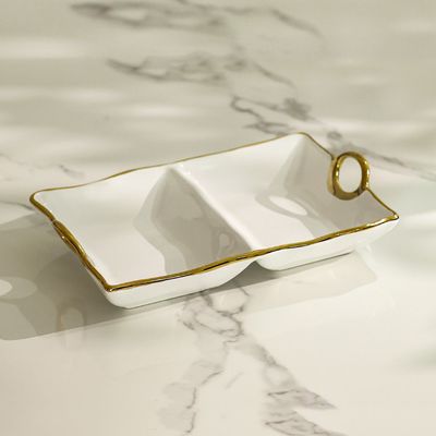 Pristine Ceramic 2-Section Serving Platter - White/Gold - 36.5x22x7.5 cm