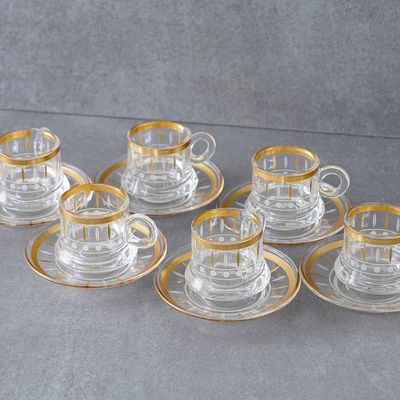 Orchid 12-Pc Glass Cup & Saucer Set - Gold - 90 ml  