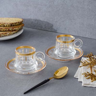 Orchid 12-Pc Glass Cup & Saucer Set - Gold - 90 ml  