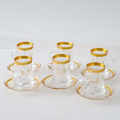 Orchid 12-Pc Istikan Glass Cup & Saucer Set - Gold - 120 ml 