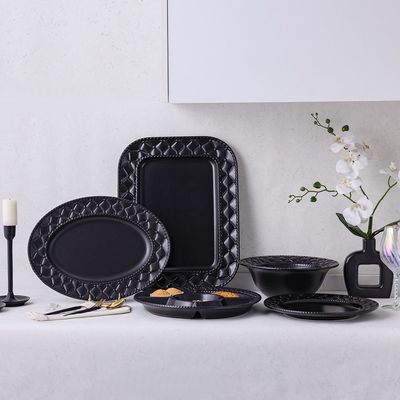 Pristine Embossed Oval Serving Plate - Matte Black - 41x30x3.5 CM