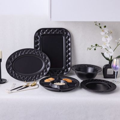 Pristine Embossed Oval Serving Plate - Matte Black - 41x30x3.5 CM