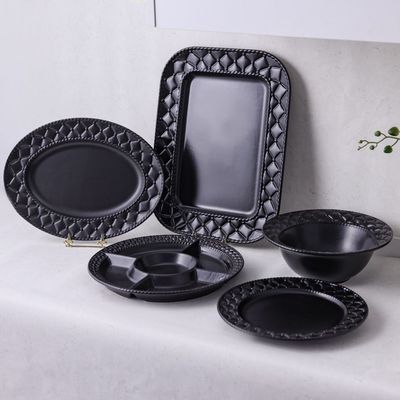 Pristine Embossed Oval Serving Plate - Matte Black - 41x30x3.5 CM