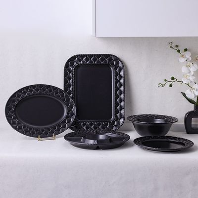 Pristine Embossed Oval Serving Plate - Matte Black - 41x30x3.5 CM