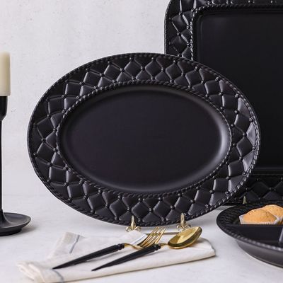 Pristine Embossed Oval Serving Plate - Matte Black - 41x30x3.5 CM