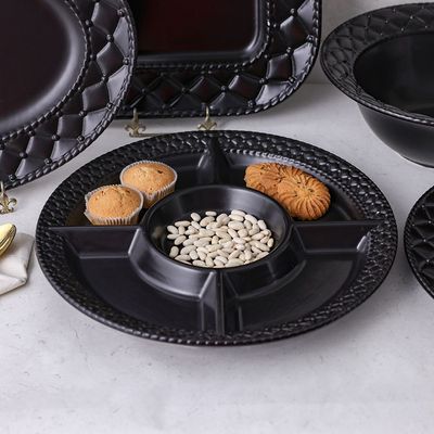 Pristine Embossed 5-Section Serving Plate - Matte Black - 35x35x4 CM