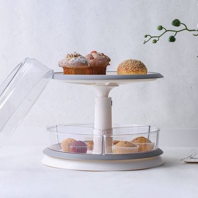 Danube Essential 2-Tier Extendable Rotating Kitchen Rack - White/Grey - 28.5x26.5/37 cm