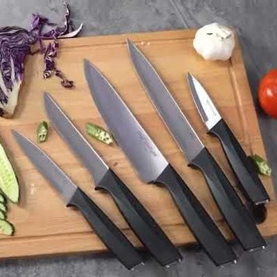 Chef's Delight Essential 6-Pc Knife Set with Wooden Block - Silver & Black