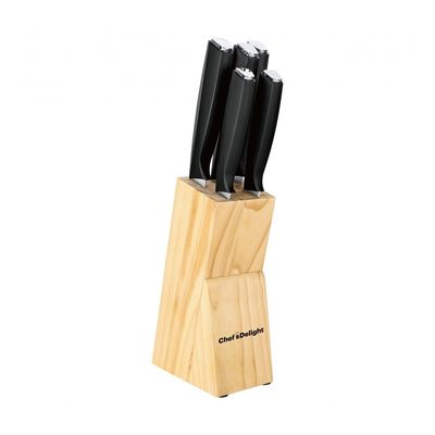 Chef's Delight Essential 6-Piece Knife Set With Wooden Block Silver & Black