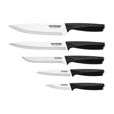 Chef's Delight Essential 6-Piece Knife Set With Wooden Block Silver & Black