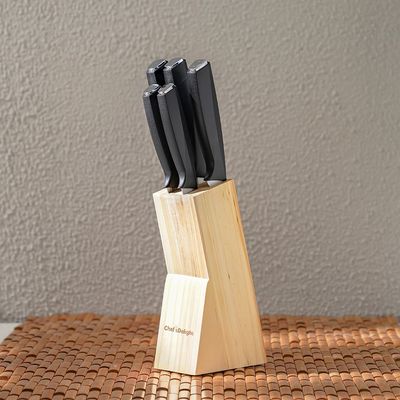 Chef's Delight Essential 6-Pc Knife Set with Wooden Block - Silver & Black