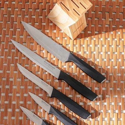 Chef's Delight Essential 6-Pc Knife Set with Wooden Block - Silver & Black