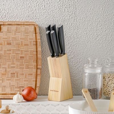 Chef's Delight Essential 6-Pc Knife Set with Wooden Block - Silver & Black