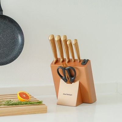 Chef's Delight Bistro 7-Piece Knife Set With Sharpner Inside Block Copper