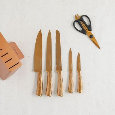 Chef's Delight Bistro 7-Piece Knife Set With Sharpner Inside Block Copper