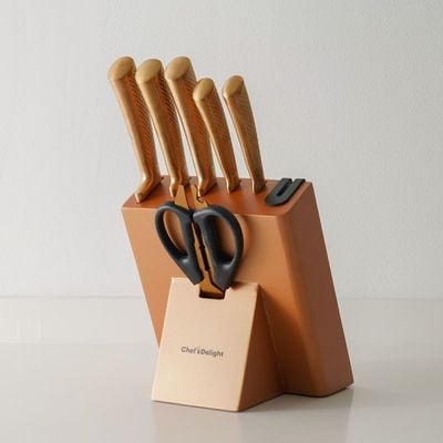 Chef's Delight Bistro 7-Piece Knife Set With Sharpner Inside Block Copper